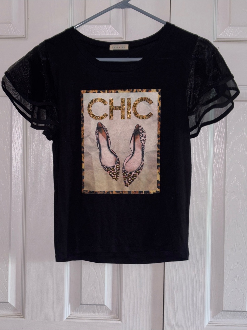 Black Graphic Tee with Leopard CHIC Detail